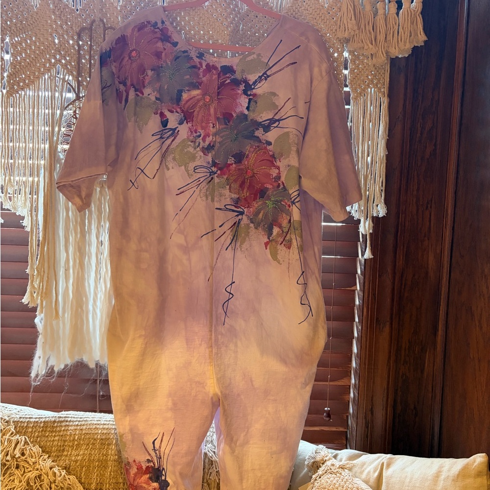 OOAK hand painted tie dye jumper jumpsuit long romper floral XL oversize pocket